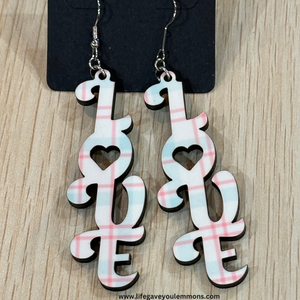 Earrings - Soft Plaid Script Vertical Love